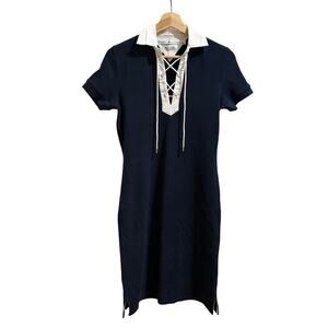 VTG Tommy Hilfiger Polo Shirt Dress Small Blue Tie Neck Short Sleeve Taiwan Y2k